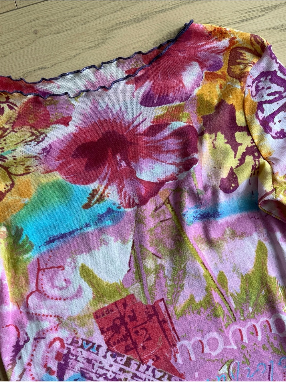 Vibrant Floral Long Sleeve Mesh Top - Multicolor - Picture 2 of 3